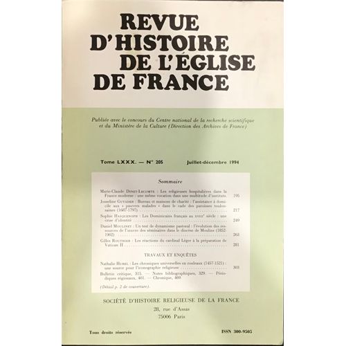 Revue D'Histoire De L'Église De France, N°205, Juillet-Décembre 1994