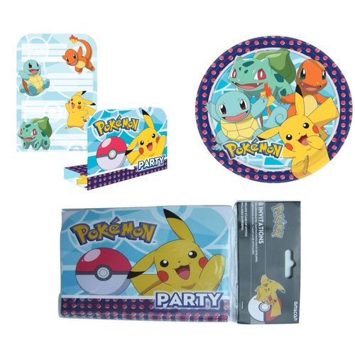 Lot Kit Pack Anniversaire Pokemon 8 assiettes 23cm, 8 invitations et enveloppes - AMSCAN