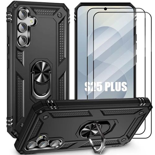 Coque + 2 Verres Trempés Pour Samsung Galaxy S25 Plus (S25+) Protection Renforcée Antichoc Rigide Avec Anneau - Noir - E.F.Connection