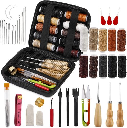 Mevronisshop-42 Pièces Kit De Couture En Cuir Kit De Réparation De Rembourrage Outils Et Fournitures De Travail Du Cuir Avec Aiguilles À Coudre En Fil Ciré Et Poinçon À Griffes Pour Projets D'artisan