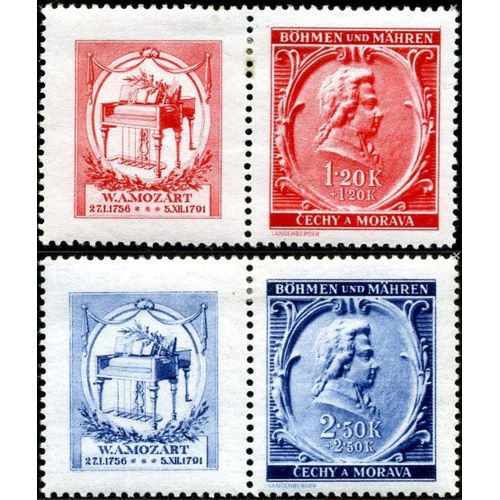 Tchécoslovaquie, Occupation Allemande - Bohème Moravie 1941, Beaux Timbres Neufs* Yvert 71 Et 72, W. A. Mozart, Avec Vignettes Célébrant Les 150 Ans De Sa Mort.