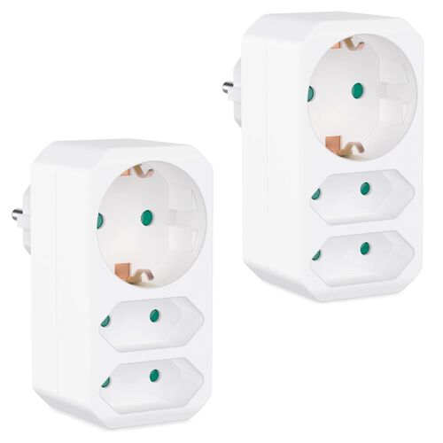 Set de 2 Prises multiples blanc - Adaptateur de prise avec sécurité enfant - Double prise 3680W - Multiprise triple - Prise electrique 2 Euro et 1 Schuko - Prise avec contact de protection