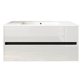 Meuble De Salle De Bain Suspendu 100cm Double Edge Blanc Brillant - Vasque En Céramique