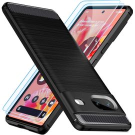 Coque Pour Google Pixel 7 + Lot De 2 Verres Trempés ¿ Étui Tpu Premium Effet Fibre De Carbone, Souple, Anti-Rayures Et Anti-Chocs, Bords Surélevés Protection Caméra/Écran, Noir