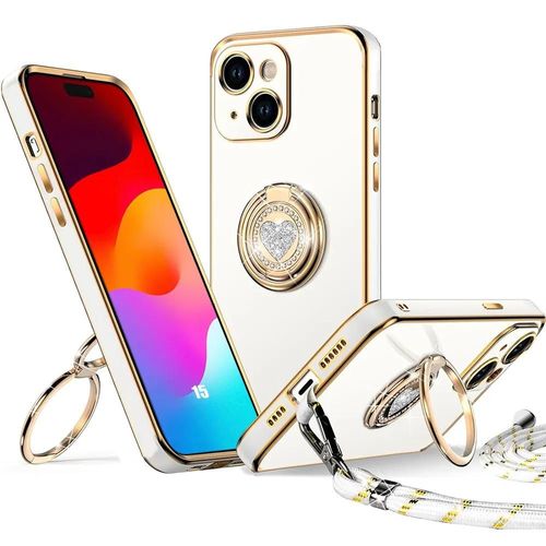 Coque Pour Iphone 15, Protection Silicone Antichoc Avec Cordon Et Anneau Motif Coeur - Blanc - E.F.Connection