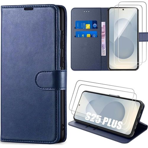 Coque + 2 Verres Trempés Pour Samsung Galaxy S25 Plus (S25+) Protection Antichoc Effet Cuir - Bleu Marine - E.F.Connection