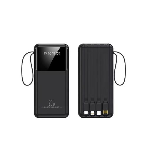 Batterie Externe 20 000 Mah, Grande Capacité, Avec Câble De Données Intégré, Charge Ultra-Rapide 20 W, Noir