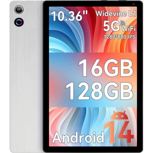 Tablette 10.4 Pouces Android 14 Octa-Core Processeur, 16 Go RAM 128 Go ROM 1 To TF, Écran Tactile IPS HD 1280x800, Double Caméra 5MP+8MP, 5G/2.4G WiFi, BT 5.0, 5000mAh (Argent)