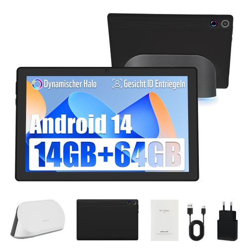 Tablette 10 Pouces Android 14 Octa-Core, 14Go RAM+64Go ROM, 1280x800 HD, Caméra 5MP+8MP, Wi-Fi 6 & BT 5.3, AI Cloud Album & 8 Types de Bruit Blanc, avec Haut-Parleur Dock de Chargement (Noir)
