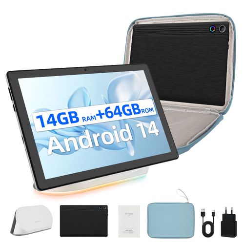 Tablette 10" Android 14 Octa-Core, 14Go RAM+64Go ROM Extensible à 1 To, 1280x800 HD, Caméra 5MP+8MP, Wi-Fi 6 BT 5.3, AI Cloud Album, avec Haut-Parleur Dock de Chargement et Sacoche d'ordinateur Bleu