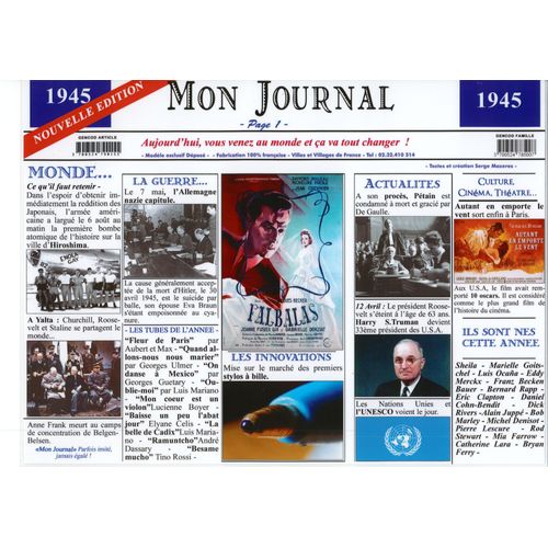 Set De Table Année 1945 - Mon Journal - Plastifié Et Recto-Verso