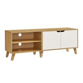 Meuble Tv 2 Portes, Longueur 140 Cm, Chêne Naturel Et Blanc Crème