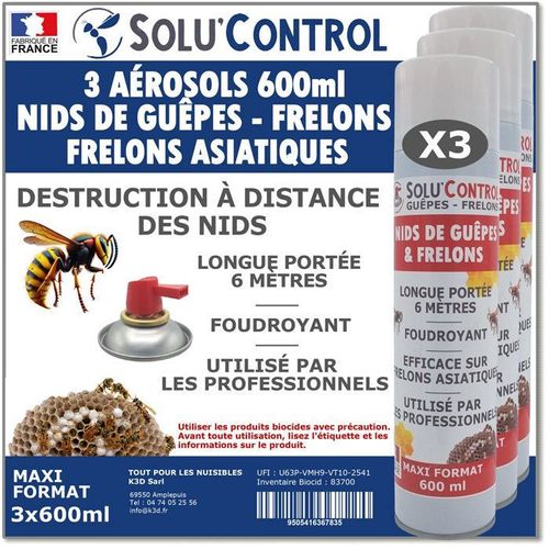 3 Bombes 600ml Guêpes, Frelons, Frelons Asiatiques - Destruction des nids - Longue portée 6m - Maxi format