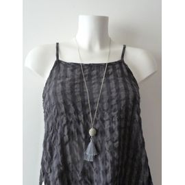 Collier/ Sautoir En Métal Argenté Avec Son Pompon Gris