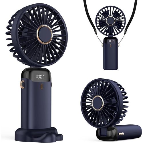 Ventilateur Portable 4200mAh USB avec Écran LED 3-en-1 Main/Cou/Bureau Pliable et Inclinable à 90° Idéal pour Été Bureau Chambre Voyage Cadeau Adultes Enfants (Bleu Foncé)