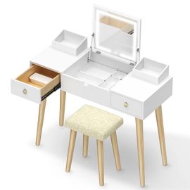 Coiffeuse Miroir Led - Avec Tabouret - Miroir Rabattable 3 Color + 2 Tiroirs En Bois