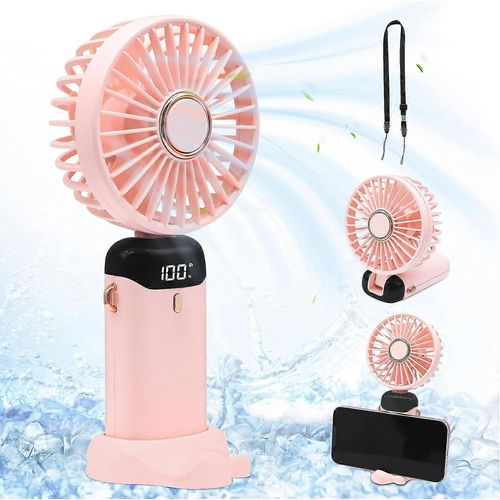 Ventilateur portable, Ventilateur portable, Mini ventilateur rechargeable USB avec 5 vitesses, Ventilateur portable portable avec affichage de puissance, Ventilateur de bureau pliable avec lanière et