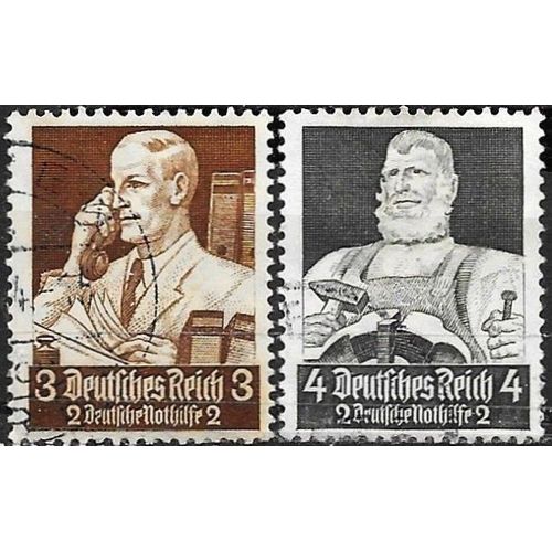Allemagne, 3ème Reich 1934, Beaux Timbres Yvert 513 Et 514, Métiers, Le Commerçant Et Le Forgeron, Surtaxe Au Profit Du Secours D'Hiver, Filigranes Croix Gammées, Oblitérés, Tbe.