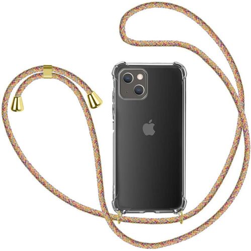 Collier pour iPhone 13 Coque, Etui de T¿¿l¿¿phone avec Cordon - Tour de Cou Lani¿¿re en Corde - Transparente Silicone Housse avec Cordage Lanyard Case, Arc en Ciel