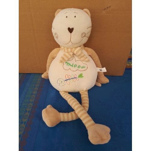 Doudou Chat Psld Broderie Poisson Squelette Beige Echarpe Foulard Rayé