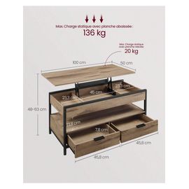 Table Basse, Table De Salon Avec Plateau Relevable, Tiroirs De Rangement, Avec Rangement Ouvert Et Compartiment Caché, Marron Camel Et Noir D'encre
