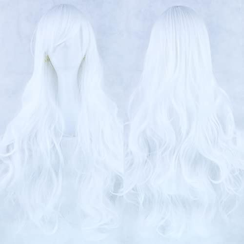 Tianyi-80cm Longue Perruque De Cosplay De Cheveux Naturels Bouclés Avec Une Frange Colorée Halloween Costume Party Perruques Pour Les Femmes (Blanc Pur)