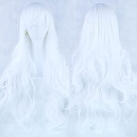 Kalanka-80cm Longue Perruque De Cosplay De Cheveux Naturels Bouclés Avec Une Frange Colorée Halloween Costume Party Perruques Pour Les Femmes (Blanc Pur)
