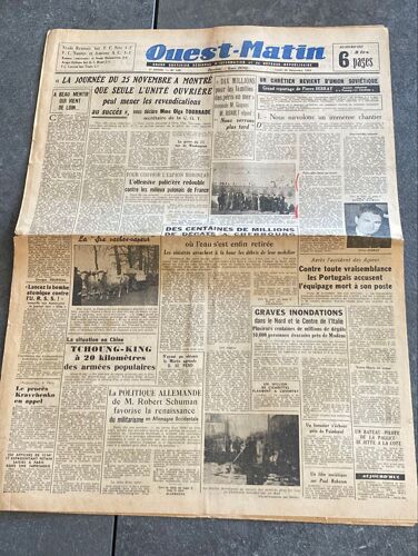 Ancien Journal Ouest Matin Lundi 28 Novembre 1949