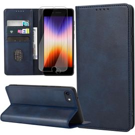 Étui Portefeuille Cuir Pu Pour Iphone Se 2022/Se 2020/8/7 - Coque Flip Antichoc Magnétique Avec 3 Emplacements Cartes, Poche Billets Et Support Kickstand - Bleu