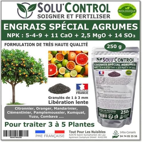 Engrais Spécial Agrumes 250 G - Solucontrol - Formulation Organo-Minerale - Citronnier, Oranger, Mandarinier, Clémentinier...