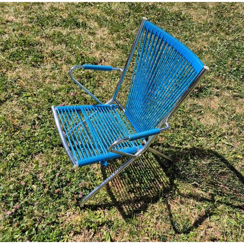 Chaise Scoubidou Enfant Vintage Structure Métal Chromé Et Assise Bleue Pliante Année 60/70
