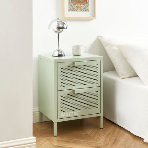 Table De Chevet Métal Vert Amande Double Tiroirs 40cm