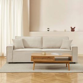 Canapé Droit Convertible En Velours Côtelé 3 Places Beige