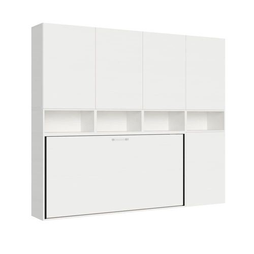 Lit Escamotable Horizontal 1couchage Av.Matelas Effet Bois Frêne Blanc