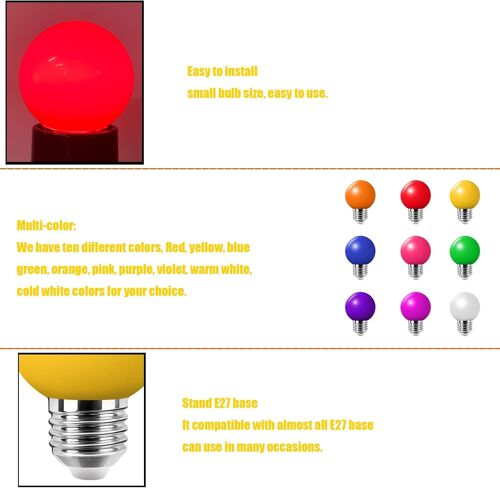 10pcs 2w E27 Ampoule Couleur, Ampoule Led Couleur Unique, 200lm Lampe De Noël 220v Partie Petite Bule De Couleur, 360 ° Ampoule Led (2 Par Couleur)