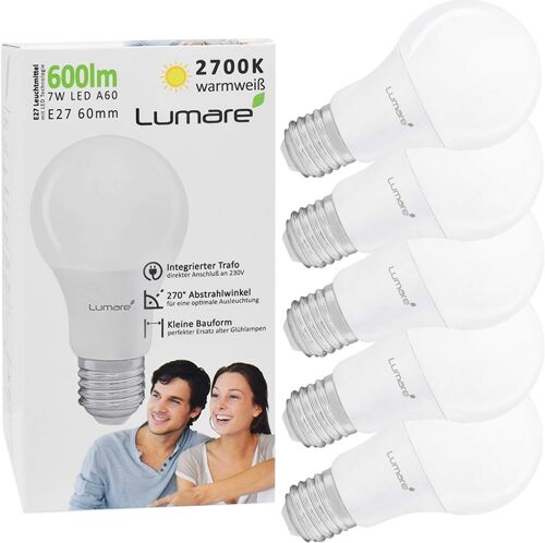 Kalanka-Lumare | Ampoule Led E27 7w | Remplace Une Ampoule De 60w | 600 Lumens | Ampoule A60 En Blanc Chaud 2700k | Dur¿¿E De Vie De 25 000h | Set 5