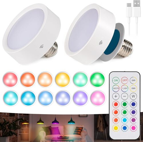 Kalanka-Lot De 2 Ampoules Led Rechargeables E27/E26-13 Couleur Sans Fil Avec Télécommande, Minuterie De 30/60 Minutes, Ampoule À Piles
