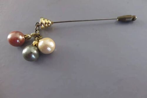 Ancienne Épingle À Chapeau 3 Perles Bois
