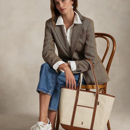 Cabas Moyen En Toile Bordée De Cuir