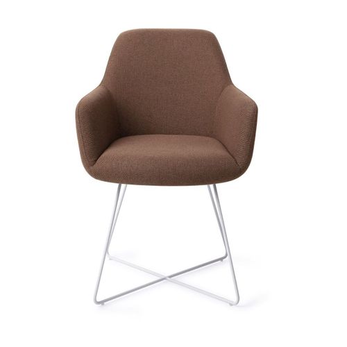 Chaise Avec Accoudoirs En Tissus Brun Et Pieds Cross En Acier Blanc Hiroo - Jesper Ho