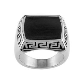 Chevalière Acier Motif Grec + Agate Noire