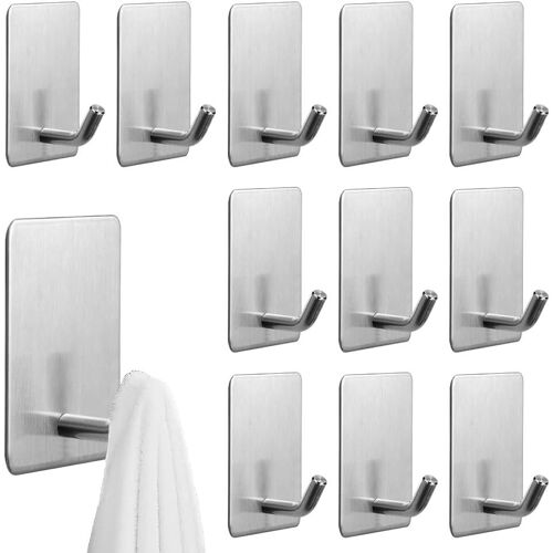 KALANKA-12PCS Crochets Adhésifs Muraux en Acier Inox, Crochet Serviette Salle de Bain Autocollant, Accroche Torchon Adhésif Antirouille, Crochet Mural sans Percer, pour Vêtement Peignoir Chapeau Clé
