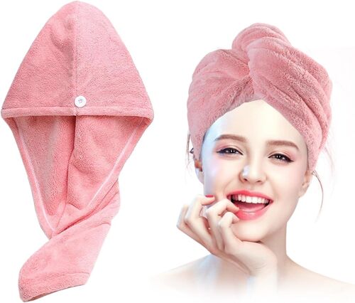 Serviette Cheveux, Lot De 2 Serviettes De Séchage En,Serviette Microfibre Cheveux Bouclés Super Absorbants, Avec Bouton De Design,Anti-Frisottis À Séchage Rapide Serviette Cheveu(Rose)