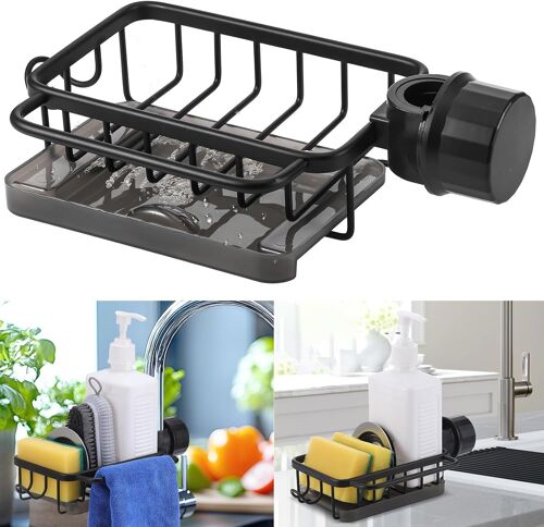 LORANKA-Étagère de Rangement pour Robinet, Porte Eponge Evier Cuisine avec Plateau et Crochet, Aluminium Support de Rangement pour Robinet pour Brosse Chiffons Savons Noir