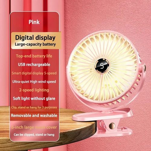 Xiaomi ventilateur à clipser 8000mAh, 5 vitesses silencieux, rechargeable, portable bureau/camping, circulateur d¿air sans fil avec lumière LED ¿ Rose
