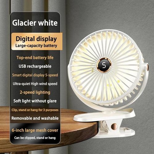 Xiaomi ventilateur à clipser 8000mAh, 5 vitesses silencieux, rechargeable, portable bureau/camping, circulateur d¿air sans fil avec lumière LED ¿ Blanc