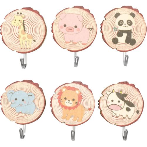 Tianyi-6 Pièces Crochets En Bois, Crochet Adhésif Enfant, Crochets Autocollants Décoratifs, Crochet Pour Animaux Mignons Pour Sacs À Dos, Robe, Chapeaux, Serviette
