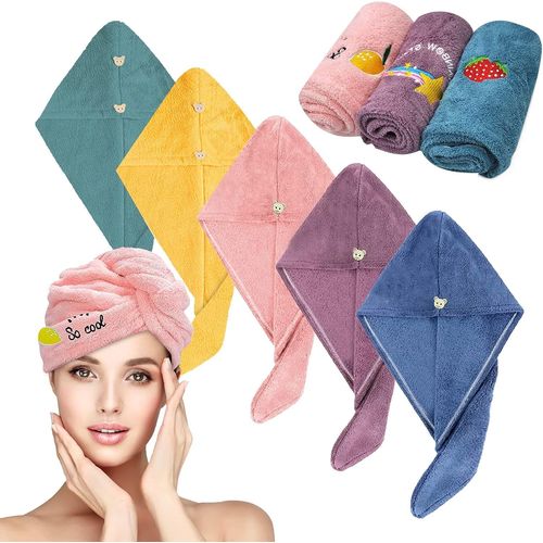 Rfvvv-Lot De 5 Torchons Turban Pour Cheveux, Turban Sporgo Avec Bouton, Microfibre Turban Super Absorbant, Séchage Rapide, Pour Femmes, Enfants, Tous Types De Cheveux