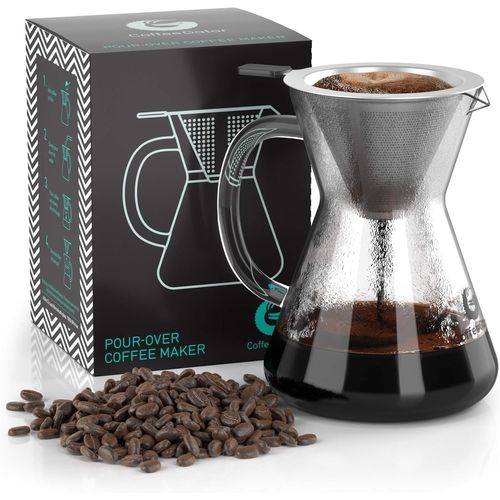 TIANYI-Cafetière à bec verseur \u2013 Verre borosilicate haute chaleur de 414 ml avec filtre réutilisable en acier inoxydable, infuseur à café goutte à goutte, carafe, 400 ml, transparent