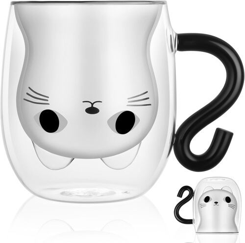Kalanka-Tasse Chat Noir Tasse À Café Double Paroi, Chat Tasse À Café Double Paroi 280 Ml, Tasse En Verre Pour Chaton, Pour Cappuccino, Latte Macchiato, Lait, Cadeau De Noël Valentin Anniversaire